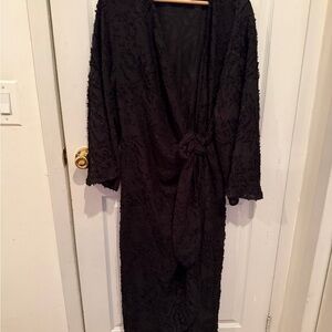 H&M Black Textured Wrap Dress with Self-Tie Waist